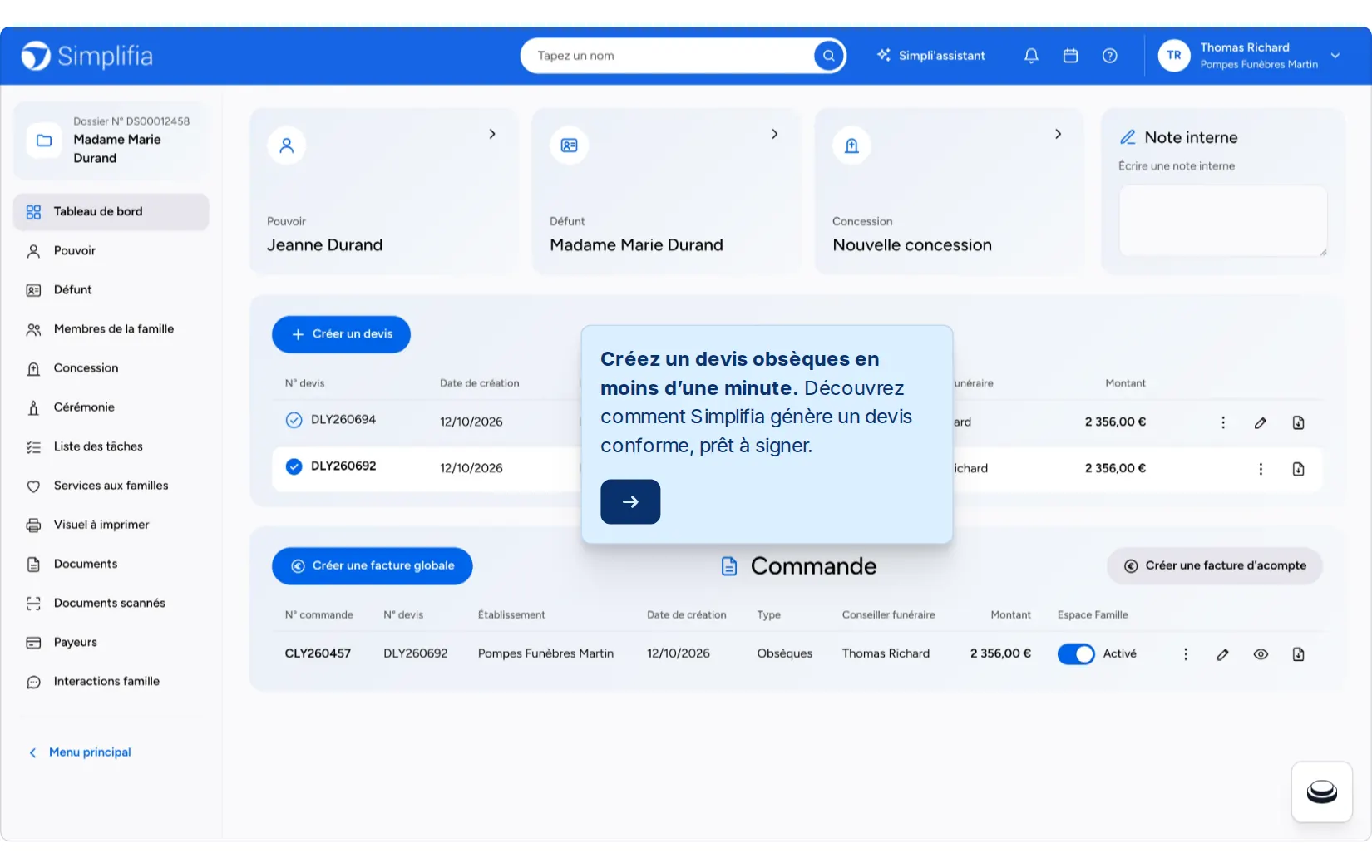 Démo du logiciel Simplifia : créer un devis obsèques